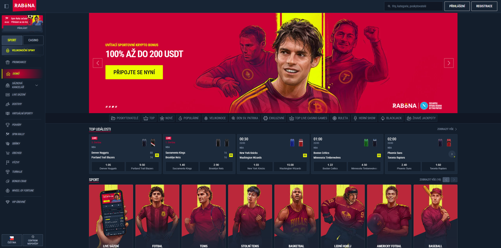 Rabona Casino recenze 2026 – pohled na hlavní stránku s nabídkou sportovního sázení a live kasina