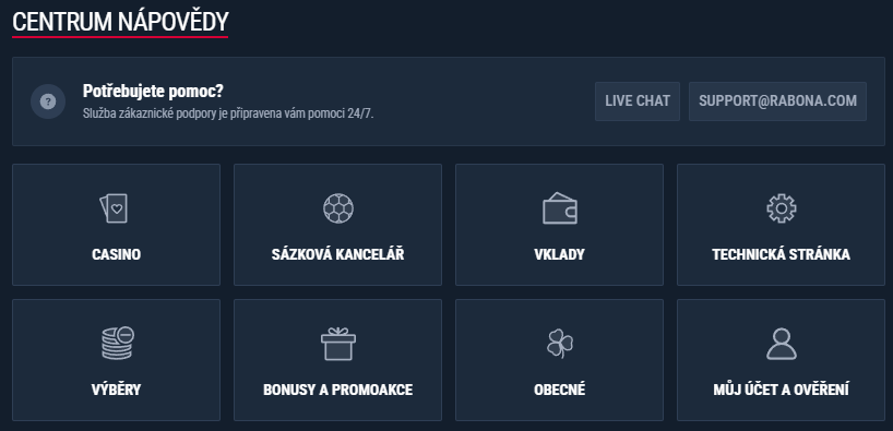 Rabona Casino – centrum nápovědy se zákaznickou podporou dostupnou 24/7 přes live chat a e-mail