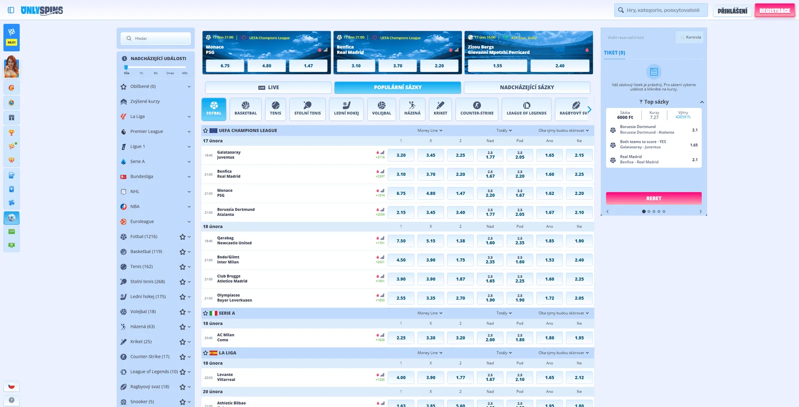 OnlySpins sportovní sázky
